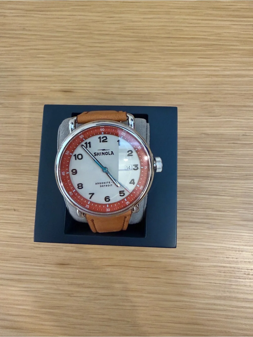 Shinola Men’s Tan Leather Strap Watch with Red Dial Ring and Blue Hands